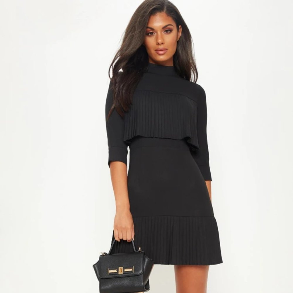 Black Pleated Detail Frill Hem Bodycon